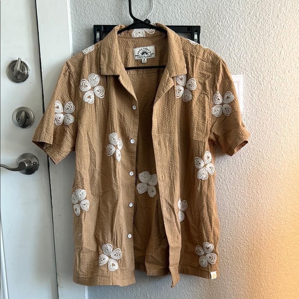 Free Planet Brown and White Casual Button Down Shirt
